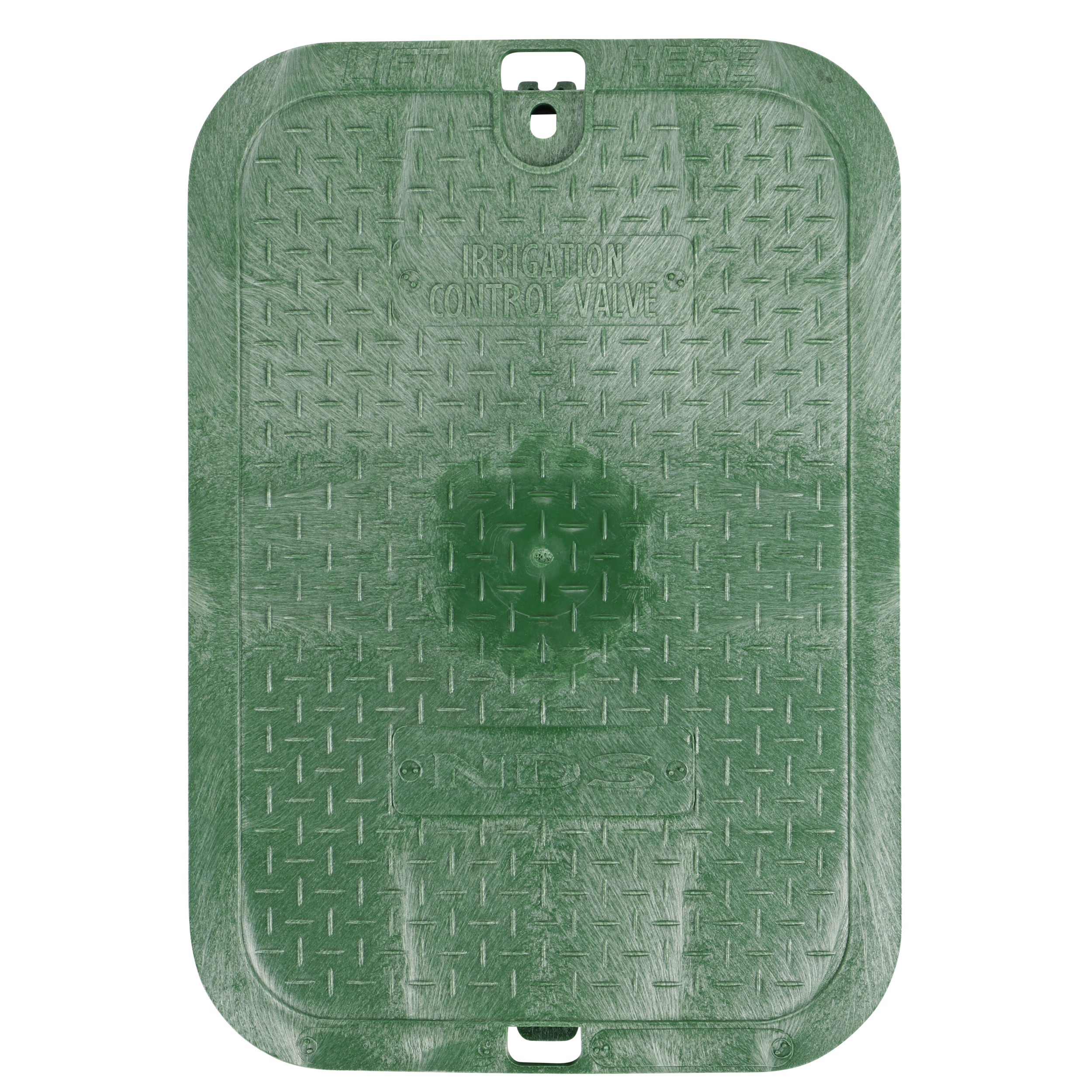 Top down view of the top side of the Green Irrigation Control Valve overlapping cover (NDS 113C) for the NDS 14 X 19 in. Rectangular Standard Series