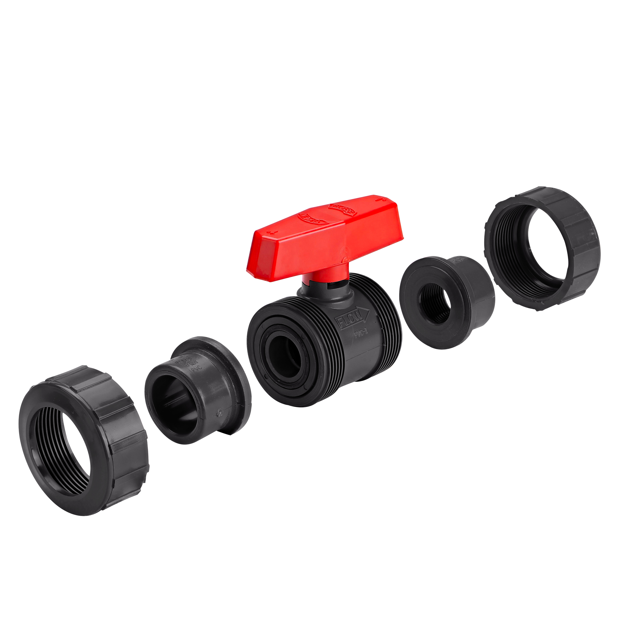 PVC True Union Ball Valve unassembled showing slip and threaded ends that connects two 1 in. Sch. 80 pipes