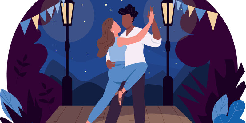 Tecknad bild av kvinna och en man som dansar under stjärnorna