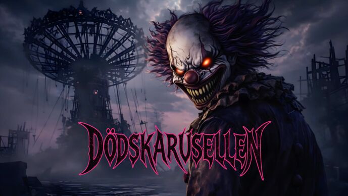 Animerad clown framför en stor karusell.