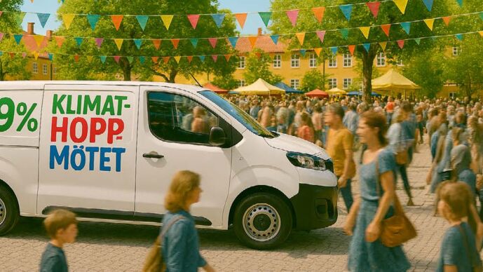 En bild på en buss med klimathoppmötets logga